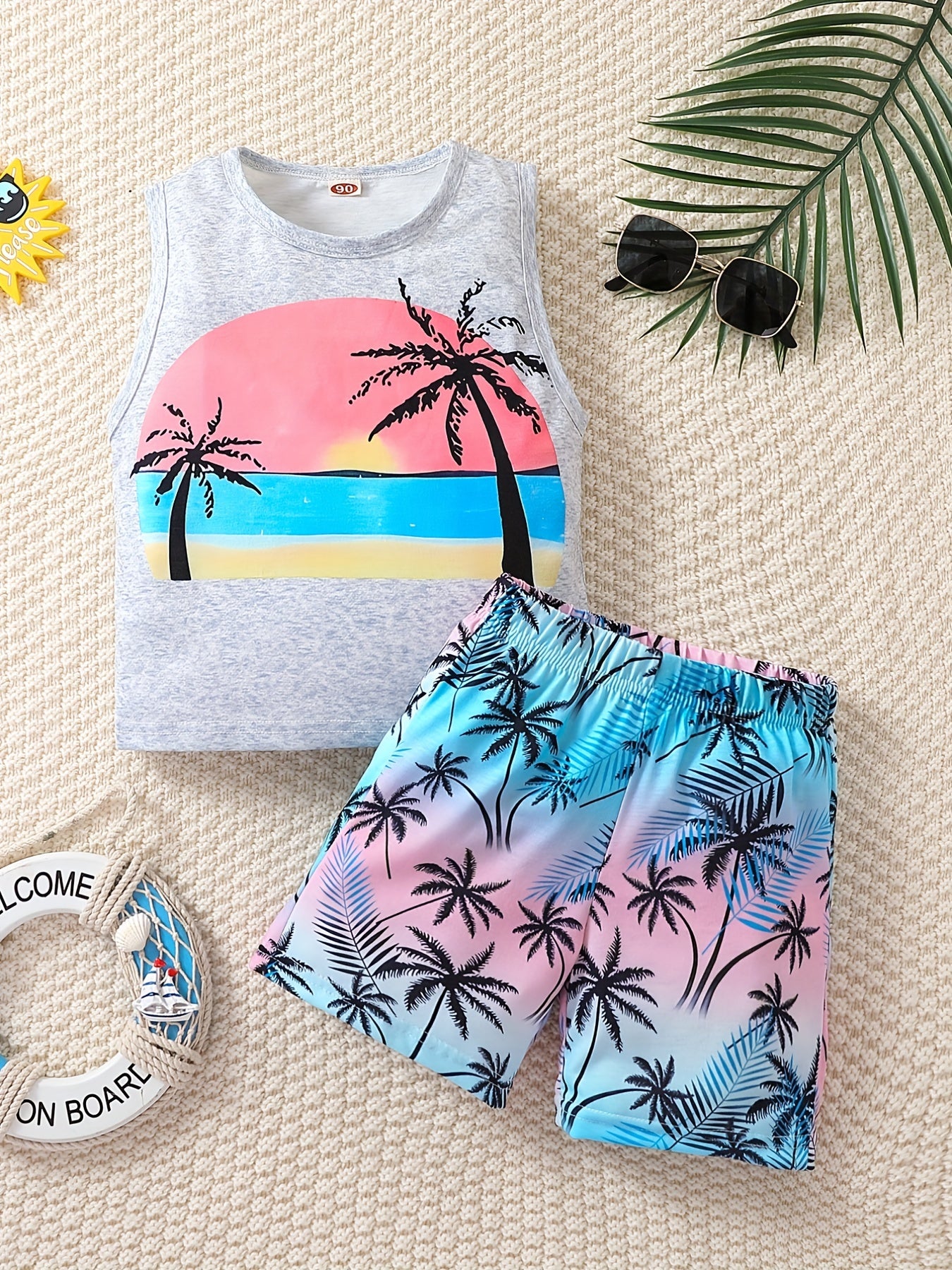 Boy's Coconut Trees Casual Outfit Round Neck Tank Top & Shorts Comfortable Breathable For Summer Kids Clothes Sets, Ideal For Daily & Outdoor Wear