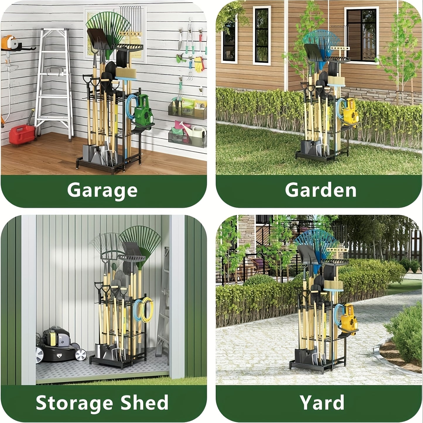 Faridabio Heavy-Duty Metal Garden Tool Organizer with Hooks - Multi-Tiered Utility Storage Rack for Long-Handled Tools, Broom, Shovel, Rake - Sturdy Outdoor Patio Storage Rack, Black (Assembly Required)