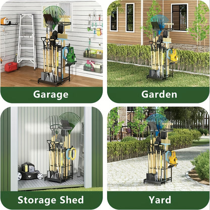Faridabio Heavy-Duty Metal Garden Tool Organizer with Hooks - Multi-Tiered Utility Storage Rack for Long-Handled Tools, Broom, Shovel, Rake - Sturdy Outdoor Patio Storage Rack, Black (Assembly Required)