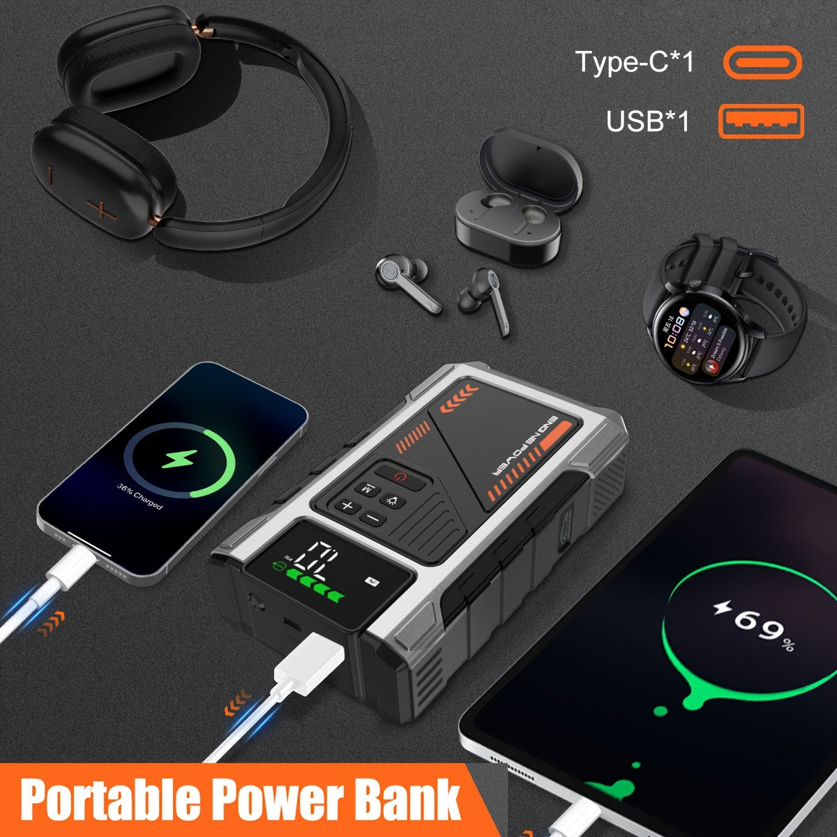 12000mAh Jump Starter Power Pack, 6000A Car Battery Booster 12V Jump Starter with 150PSI Tire Inflator Portable Air Compressor, with LCD Display, Jump Starter Power Bank (7.5L Gas/6L Diesel), LED Light, Vehicle Maintenance To