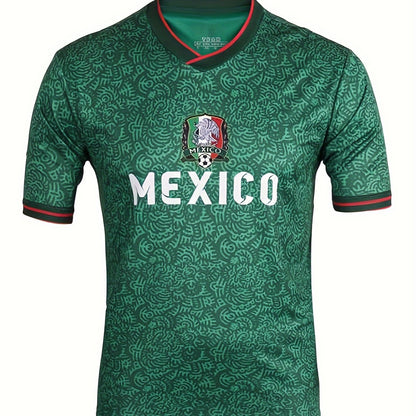 Mexico Men's Letter Print Breathable Football Jersey, Active Slightly Stretch Crew Neck Short Sleeve Soccer Club Uniform Shirt For Training Competition