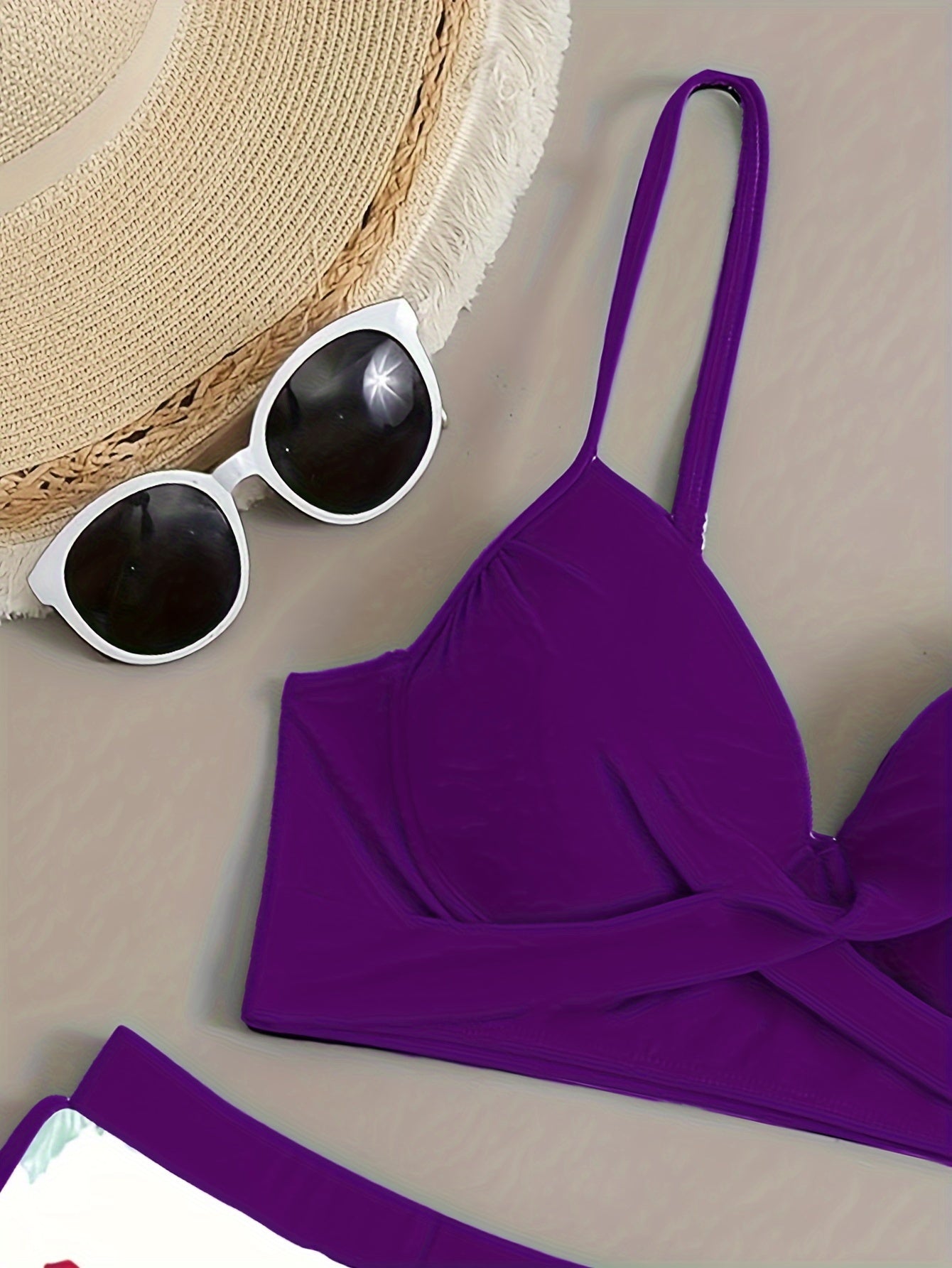 Floral Leaf Print Stretchy 3 Piece Set Swimsuits, Cross Spaghetti Strap Push Up Bikini & Boxer Shorts, Women's Swimwear & Clothing