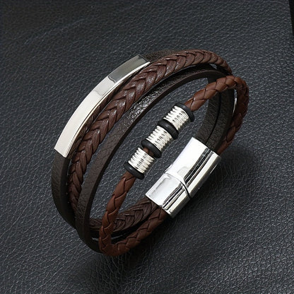 Nova pulseira masculina vintage, feita à mão, com várias camadas de contas, fecho magnético e revestimento em PU.