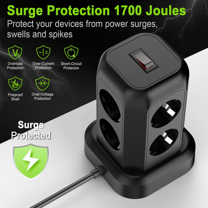 Multi-Plug Socket Distributor with 8 Sockets, 3 USB Ports (Including 1 USB-C), Side-Entry Plug Wall Charger, Essential for Cruising, Travel, Office, And Dorm