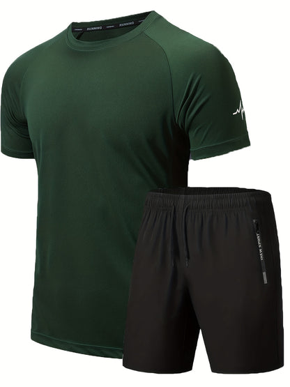 Men's 2Pcs Outfit, Solid Workout Short Sleeve T-shirt & Drawstring Shorts For Basketball Football Exercise Training Running Gym