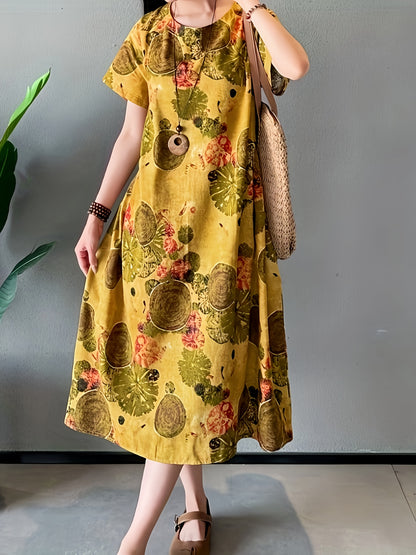 1pc Elegant Linen Tunic Dress for Women, 100% Linen Woven Crew Neck with Pocket Detail, Floral Print, Suitable for Spring/Summer/Fall