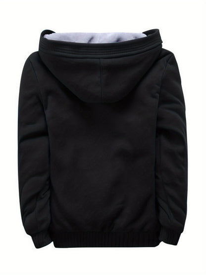 Men's Warm Fleece Hooded Jacket Coat, Warm Thick Zip Up Hoodie For Fall Winter
