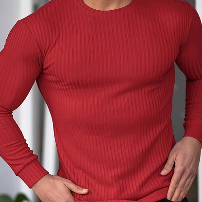 Ribbed Men's Casual Stretch Breathable Lightweight Long Sleeve Round Neck T-shirt For Spring Fall, Running Training