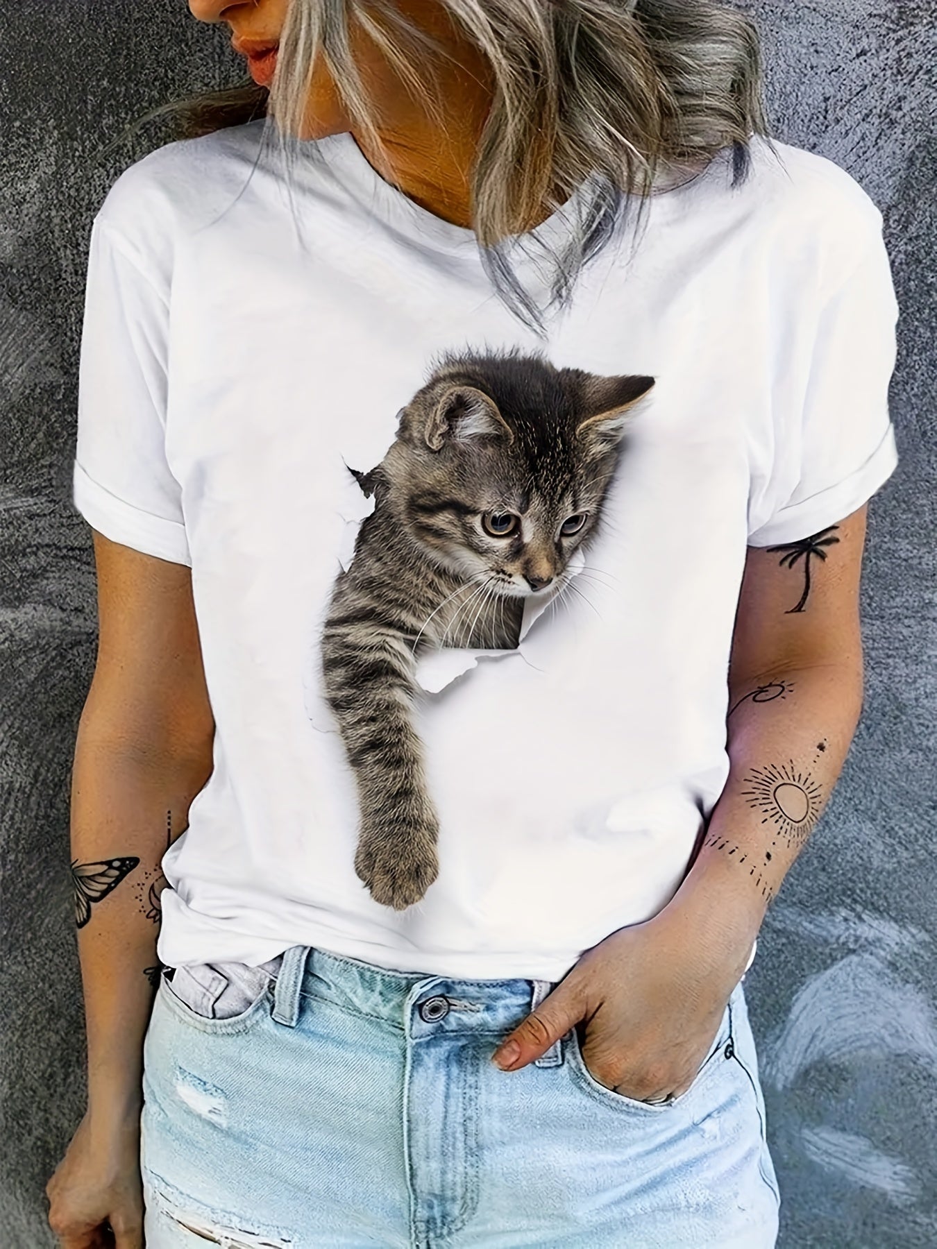 Cute Cat Print T-Shirt, Crew Neck Short Sleeve T-Shirt, Casual Every Day Tops, Women's Clothing