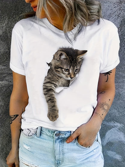 Cute Cat Print T-Shirt, Crew Neck Short Sleeve T-Shirt, Casual Every Day Tops, Women's Clothing