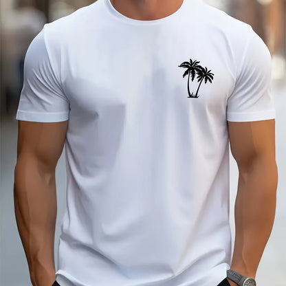 Sketch Style Palm Tree Pattern Top Casual Mid Stretch Short Sleeve Crew Neck Graphic T-shirt, Men's Tee For Summer Outdoor