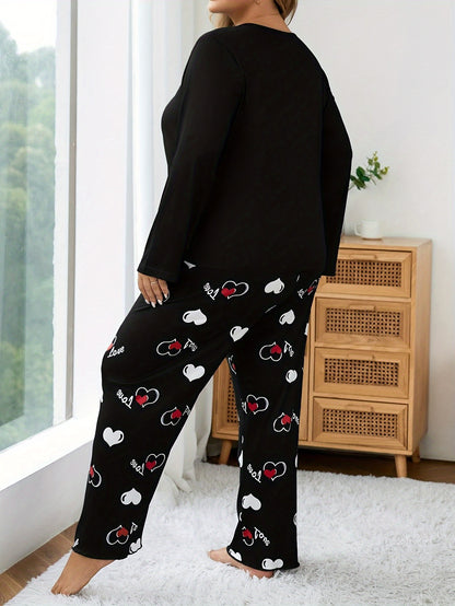 Autumn And Winter Large Size Black Crew Neck Cartoon Small Love Two-Color English Pattern Print Casual And Comfortable Sister Two-Piece Pajama Set