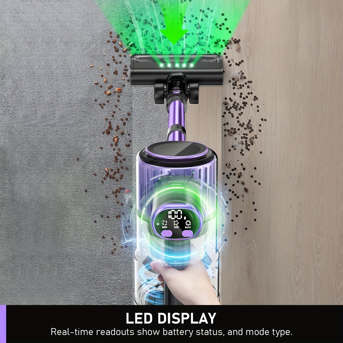 Aspirador doméstico sem fios de alta sucção, 10 em 1, multifuncional, com alcance de 45 minutos, 3 modos de sucção, luzes LED verdes melhoradas e escova anti-emaranhamento para casa, pavimentos de madeira, carpetes e pelos de animais.