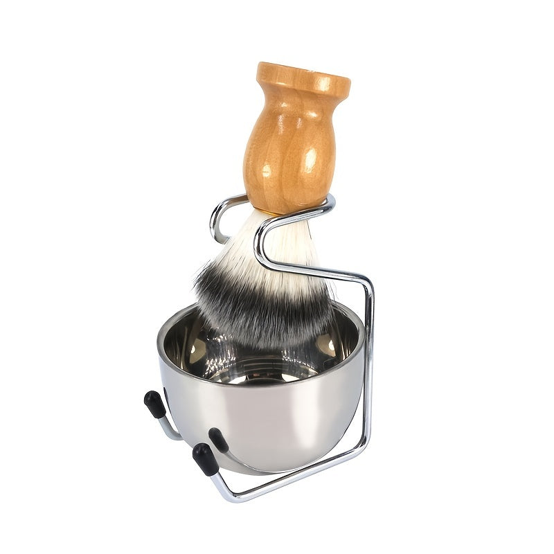 Kit de barbear para homem com pincel, suporte, taça em aço inoxidável e escova facial macia.
