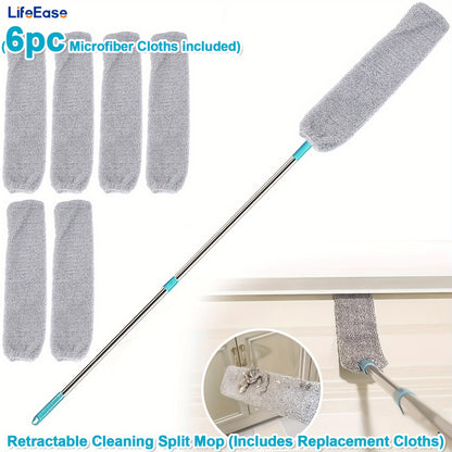 Extended Retractable Dusting Split Mop with 4/6/8/12 Microfiber Dusting Cloths, Underbed Cleaning, for sweeping dust, wiping crevices of sofas, Extended mop for mopping under beds, home cleaning, cleaning tools for the school