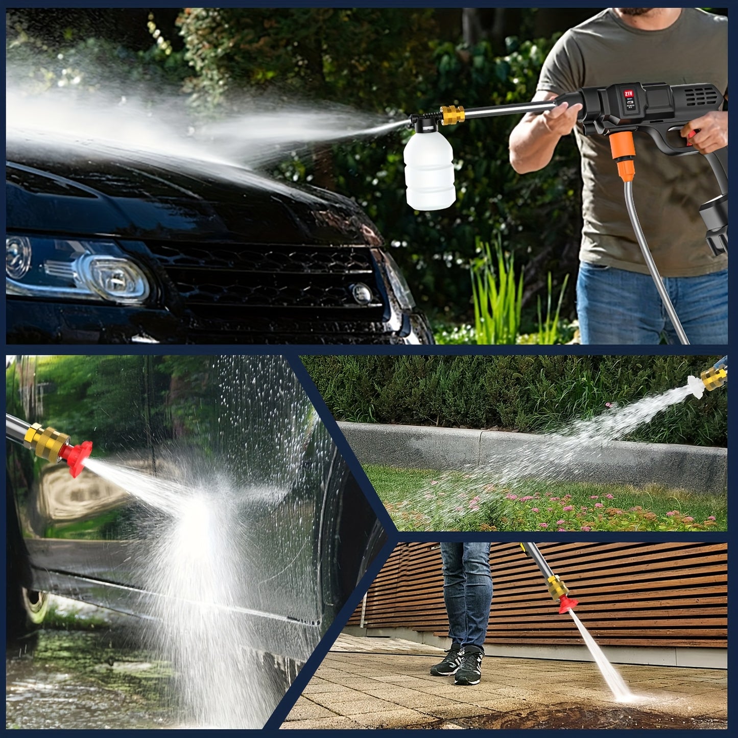 Cordless High Pressure Cleaning Gun Self-priming Continuous Spray Foam Water Gun, 5m Hose & 2 Rechargeable Lithium Battery, 3in 1 Nozzle, Electric Portable Washer Machine, Suitable for Washing Cars, Clean The Garden & Floor A