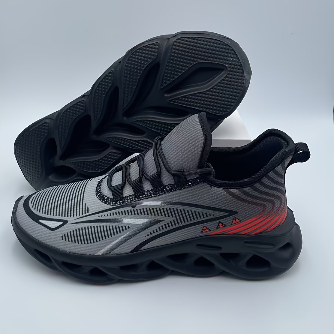 Sapatilhas de corrida para homem em malha respirável - Leve, com absorção de impacto, sola MD durável, sapatilhas desportivas de cano baixo para desportos ao ar livre, caminhadas e uso casual, design preto e cinzento, fecho com atacadores.