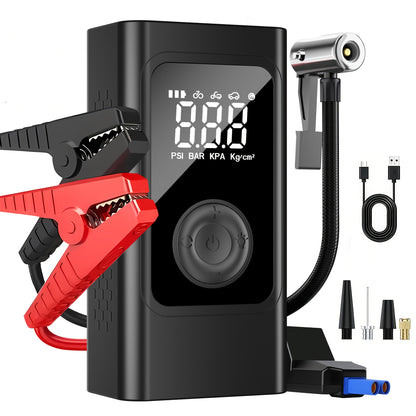 Portable Car Jump Starter with Air Compressor, 5.0 Gasoline/3.0L Diesel Battery Booster, 150PSI Automatic Shut-Off Tire Inflator, 12V Super Safe Lithium Jumper Box, Smart Electric Clamp, LCD Display & LED Light