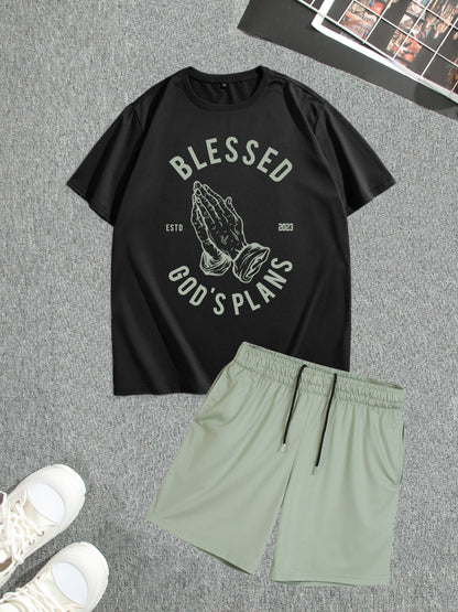 Men's Street Style Summer 2PCS Outfits, Male's Trend TRUST Graphic Short-sleeve Crew Neck T-shirt Drawstring Shorts Set, Casual Clothes For Men