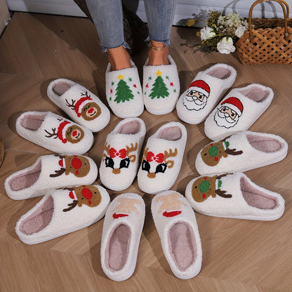 Christmas Tree Pattern Fuzzy Slippers, Winter Warm Closed Toe Flat Floor Shoes, Cozy Soft Sole Plush Home Slippers