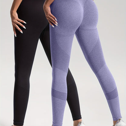 2pcs Solid Color High-Stretch Fitness Yoga Sports Leggings, Soft Breathable Yoga Tight Pants, Women's Activewear