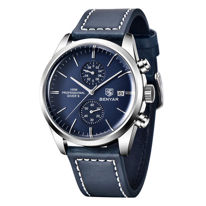 1pc New BENYAR Men's PU Leather Quartz Wristwatch, Men's 100M Multifunctional Watch Military Sports Chronograph Watch For Men