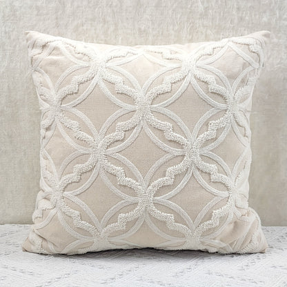 1pc Geometric Pattern Towel Embroidery Cushion Cover, Beige Base Fabric with White Embroidery