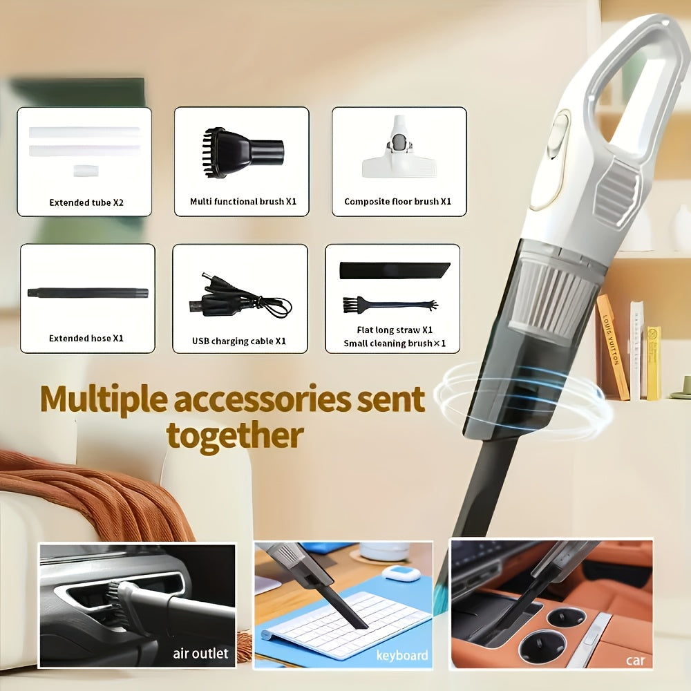 Aspirador portátil sem fios com duas baterias de 2000mAh, carregamento USB e forte sucção - Design leve em ABS, acessórios multifunções para uso interior e exterior, aspirador sem fios, limpeza rápida, cabo ergonómico.