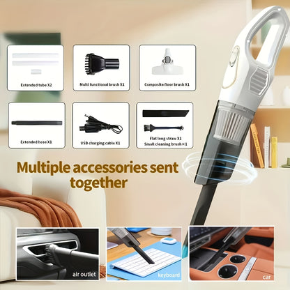 Aspirador portátil sem fios com duas baterias de 2000mAh, carregamento USB e forte sucção - Design leve em ABS, acessórios multifunções para uso interior e exterior, aspirador sem fios, limpeza rápida, cabo ergonómico.