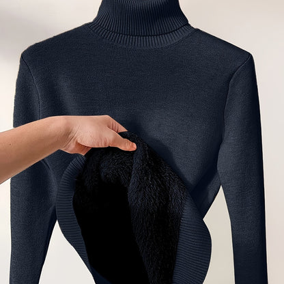 Solid Turtle Neck Pullover Sweater, Casual Long Sleeve Thermal Sweater For Fall & Winter, Women's Clothing