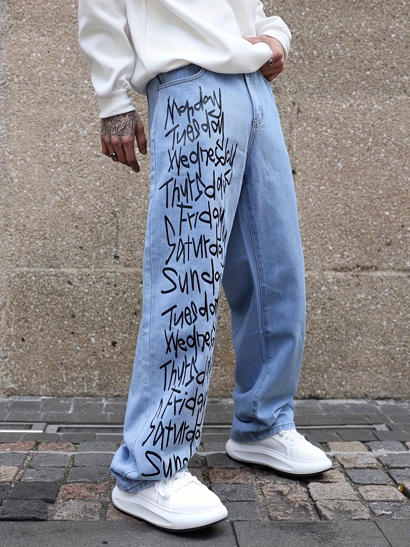 Men's Casual Letter Print Wide-Leg Jeans - Loose Fit, Rayon Blend Denim Pants for All Seasons