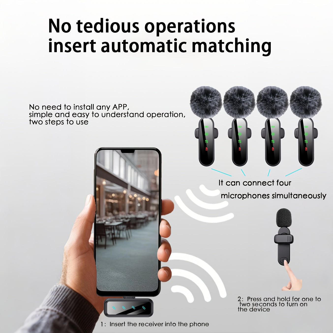 4-in-1 Professional Wireless Lavalier Microphone for 4 People, Plug-and-Play with Intelligent Noise Reduction, Windproof Ball, Compatible with Smartphones, Laptops, and Tablets, USB-C Charging, 2.4G/3G/4G/5G, Video Conference