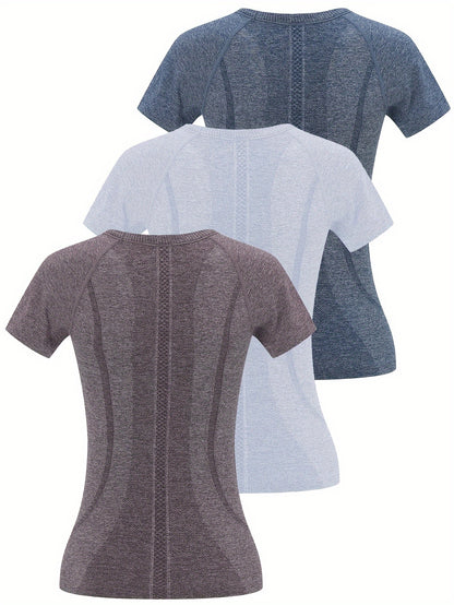 3pcs Women's Sports Fitness Running Top, Short Sleeve Quick-drying Breathable Comfortable T-shirt, Women's Clothing
