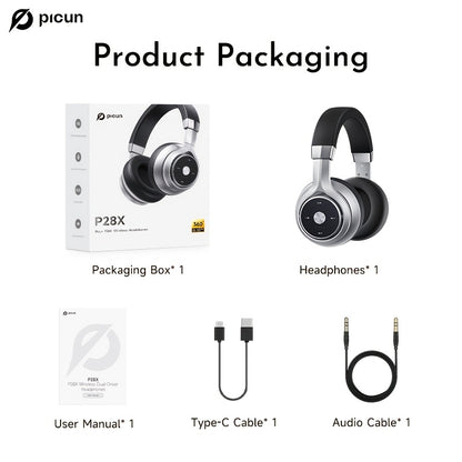 Picun Over-Ear Wireless Headphones, Wireless 5.3 with Low Latency Mode, Dual Composite Drivers for Hi-Fi Sound, 60H Playtime & Real-Time Battery Display, Wired/Wireless Dual Mode, Adjustable Head