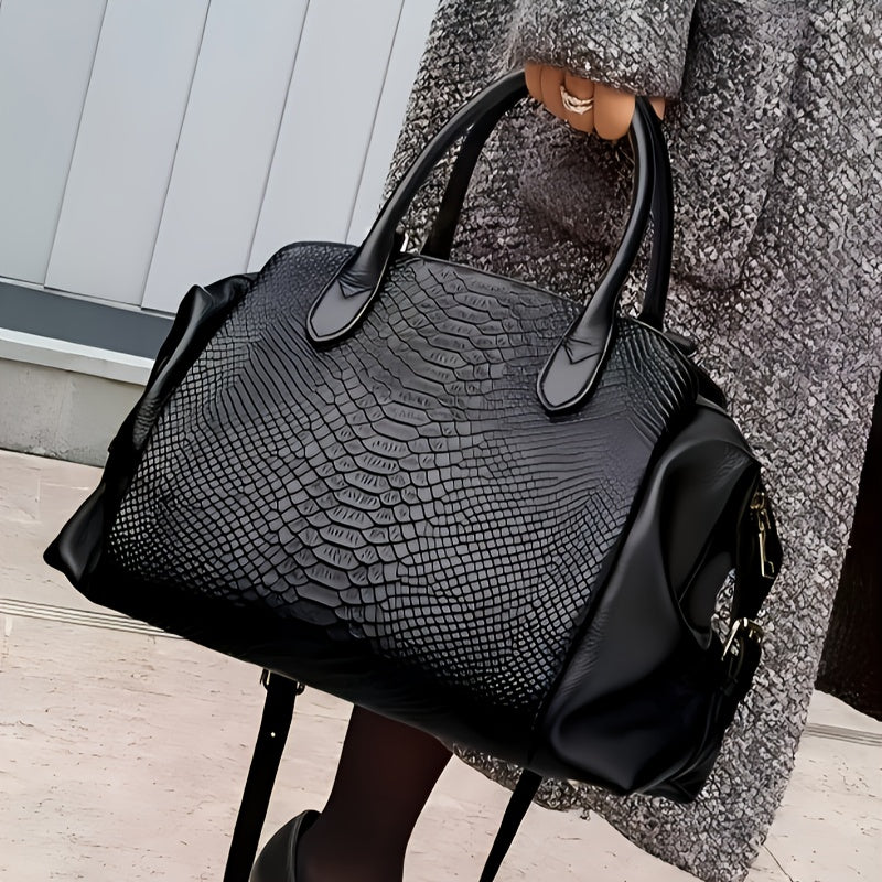 Elegante bolsa feminina com padrão cobra preta - Grande capacidade, alça de ombro removível, couro sintético vegan, perfeita para uso diário e trabalho, presente ideal para as festas de fim de ano, bolsa versátil | Estilo vanguardista | Couro sintético