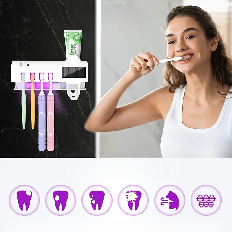 Wireless UV Toothbrush Holder with Automatic Toothpaste Dispenser – Wall-Mounted, USB Rechargeable, No-Drill Installation, Personal Care Kit