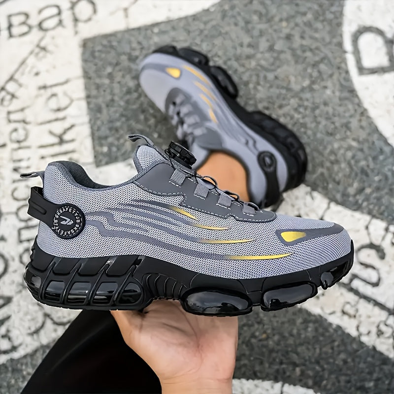 Men's Steel Toe & Puncture-Proof Work Boots - Breathable, Non-Slip Lace-Up Protective shoes with Rotary Buckle, Durable for Outdoor Activities, Black & Gray Mesh Upper, Steel Toe Shoes