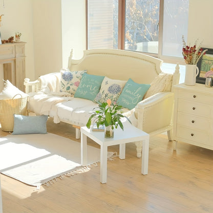 Conjunto de 4 capas de almofada decorativas em linho misto com estampado de hortênsias azuis. Ideais para cama, sofá, sala de estar e decoração em geral. Não inclui enchimento. Dimensões: 45cm x 45cm (18 polegadas x 18 polegadas).