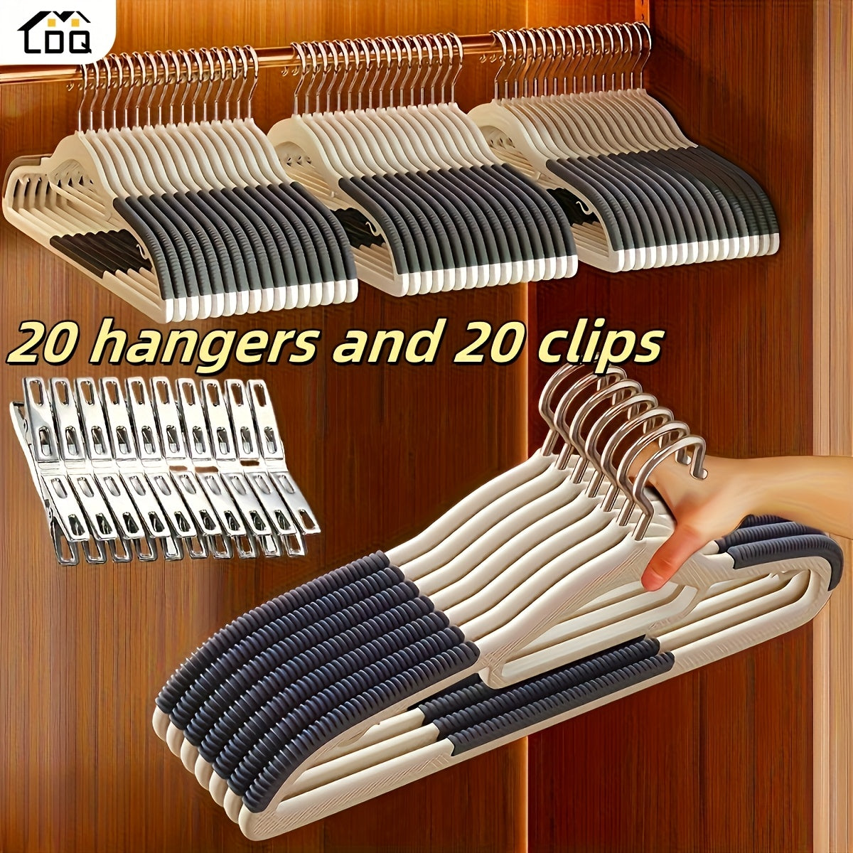LDQ- 40pcs Set Non-slip Plastic Hangers + Stainless Steel Clips, Strong and Durable, 360° Heavy-Duty Rotating Hook Hanger, Four Seasons Home Clothes Drying and Storage and Organization, Suitable for Bedroom, Bathroom, Hom, R
