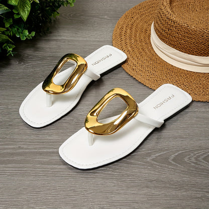 Women's White PU Cover-like Mule - Golden Buckle & Arch - Wide Widths Available - Slip-On Open-Toe Mule Shoes with Golden-Tone Strap & White PU Cover - Glossy PU Cover Upper & Arch - Minimalist Elegant Design for Summer, Beac