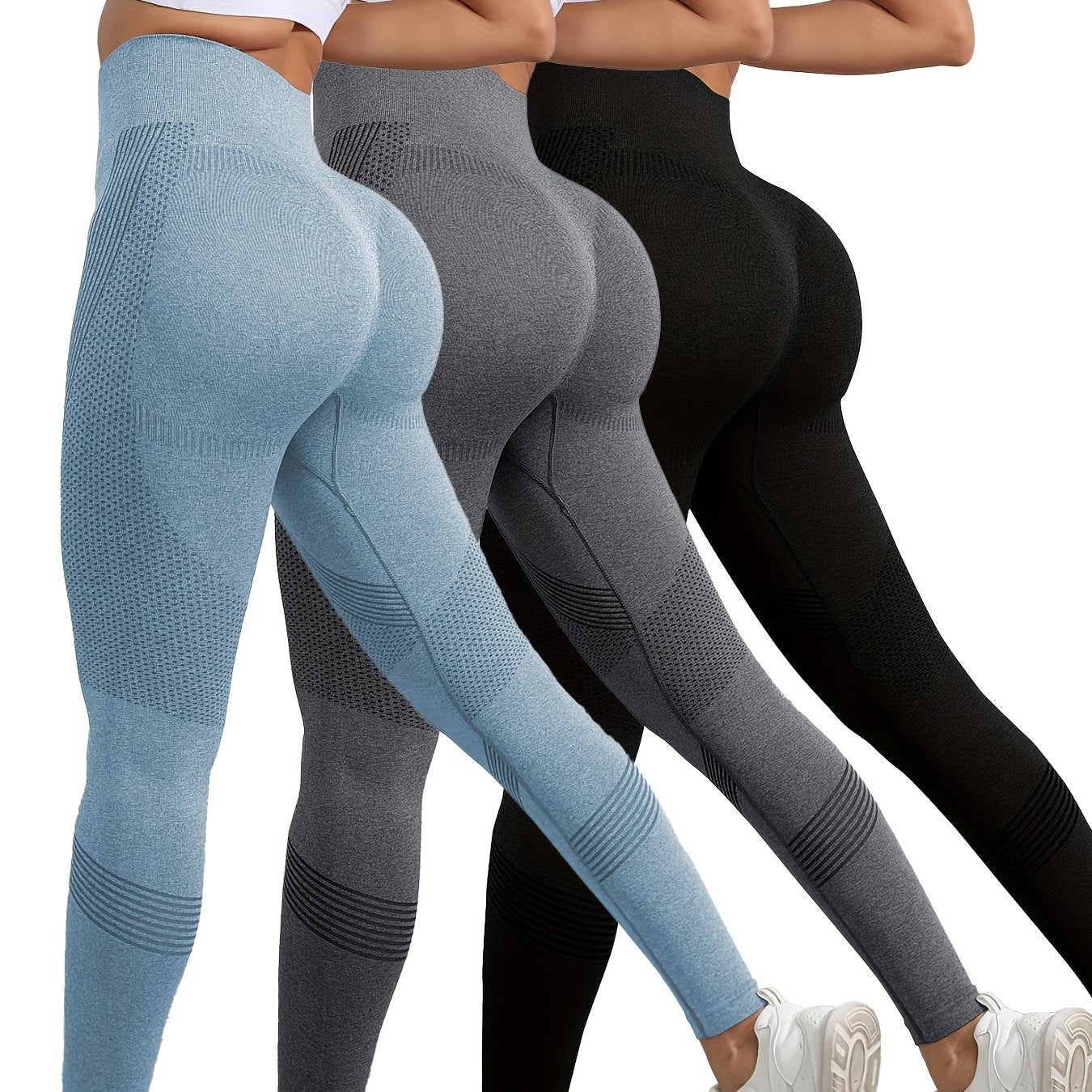 3pcs Breathable High Waist Butt Lifting Fitness Leggings, Solid Color, Tummy Control Running Sports Tight Yoga Pants, Women's Activewear