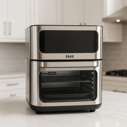 Hot Air Fryer with Rotisserie Without Oil Ihunt Bro Air Fryer 12L Rotary XL, 1800W, 360-Degree Air Circulation, Premium Inox Body, 10 Cooking Functions, Adjustable Temperature, Defrosting, Double Compartment with 3 Cooking Zo