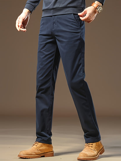 Men's Solid Navy Blue Straight-Leg Dress Pants - All-Season Full-Length Formal & Business Casual Trousers with Zipper Closure, Machine Washable, Durable Comfort Fit for Office, Semi-Formal & Casual Attire - Versatile Solid Co
