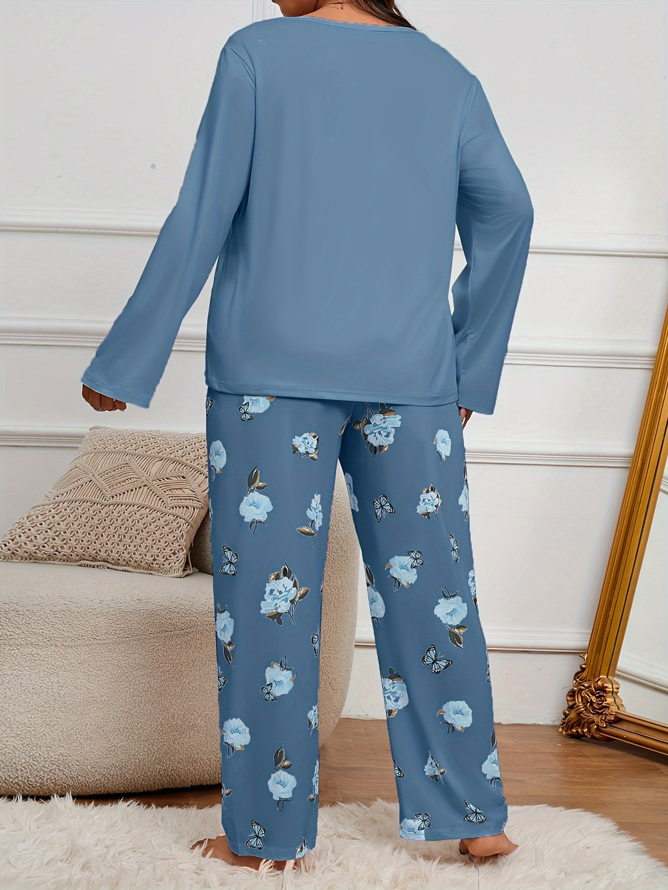 Adult Butterfly Print Pajama Set - Casual Spring/Fall Polyester Knit Fabric, Elasticity, Long Sleeve Pants, Home Pajama Set for Adults