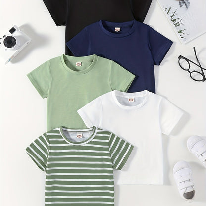 5pcs Solid Color & Striped Round Neck T-shirt Tees Tops Casual Soft Comfortable, Boys And Girls Summer Clothes