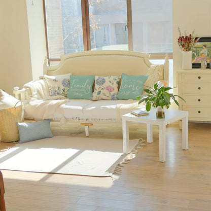 Conjunto de 4 capas de almofada decorativas em linho misto com estampado de hortênsias azuis. Ideais para cama, sofá, sala de estar e decoração em geral. Não inclui enchimento. Dimensões: 45cm x 45cm (18 polegadas x 18 polegadas).