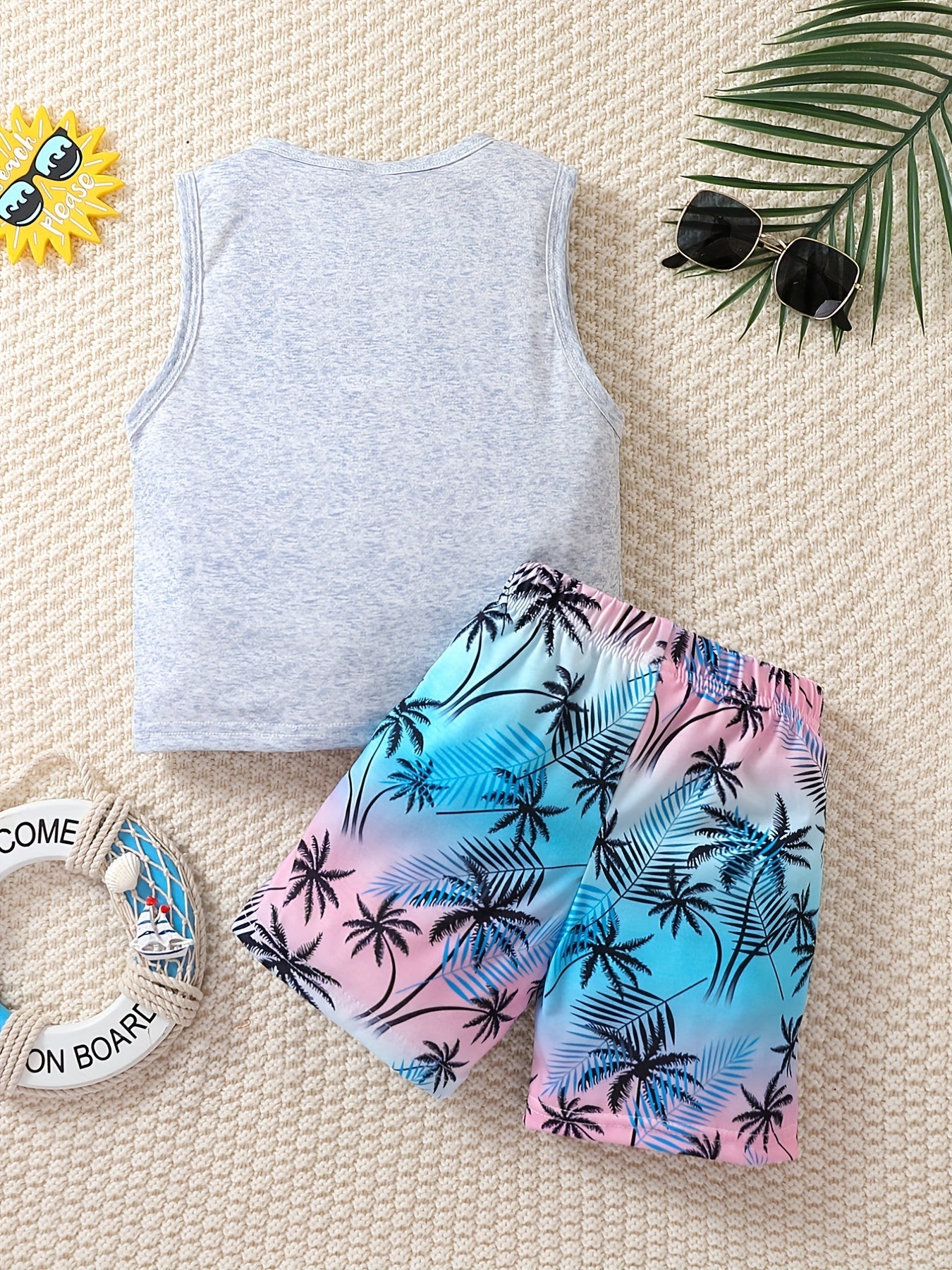 Boy's Coconut Trees Casual Outfit Round Neck Tank Top & Shorts Comfortable Breathable For Summer Kids Clothes Sets, Ideal For Daily & Outdoor Wear