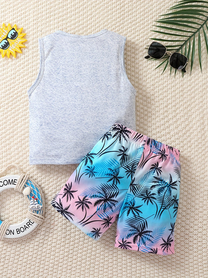 Boy's Coconut Trees Casual Outfit Round Neck Tank Top & Shorts Comfortable Breathable For Summer Kids Clothes Sets, Ideal For Daily & Outdoor Wear