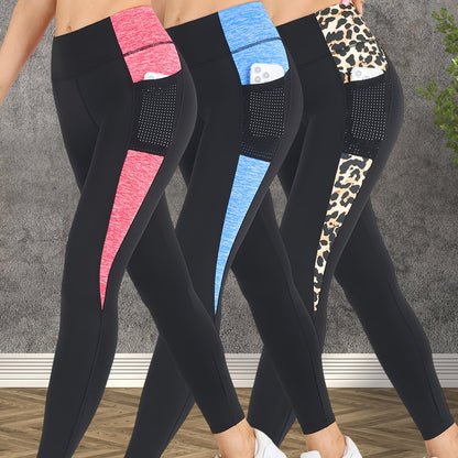 3-Pack Women's Yoga Pants Non-See-Through High-Waisted Workout Leggings - Sweat Absorbent Quick-Dry Yoga Pants with Side Pocket, Stretchy Gym Running Pilates Pants for Women (Black/Gray/Pink Accents - Affordable 3-Pack Deal),