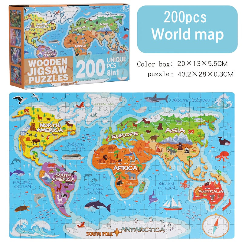 200pcs World Map Puzzle for Kids - Educational Science & Technology Toy, Fun Animal-Themed Cartoon Wooden Jigsaw Puzzle for Boys and Girls, Enhances Cognitive Skills, Ideal for Ages 3-12, Portable Design, Intermediate Skill L
